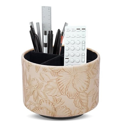 Round Leather Art Supply Organizer,Remote Control Holder,360 Degree Spinning,Multi-Functional Pencil Holder,4 Compartments Desktop Stationary Organizer(1-Carved Light Brown) - color: 1-Carved Light Brown