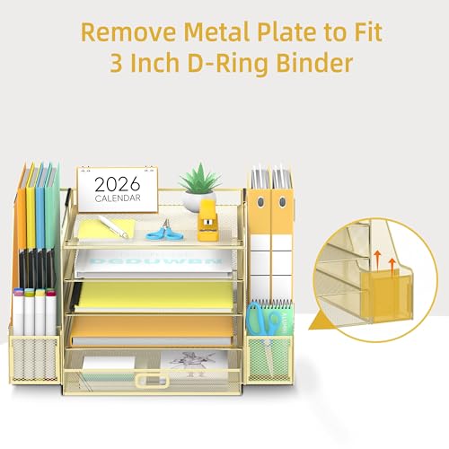 SUPEASY Mesh Desk Organizer with File Holder, 5-Tier Paper Letter Tray Organizer with Magazine Holder, Desktop Organizer and Storage with Drawer for Office Supplies Home or School (Golden) | Two side magazine holders and a bottom drawer store papers, fold