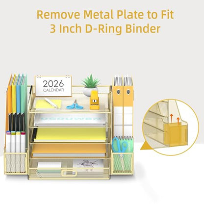 SUPEASY Mesh Desk Organizer with File Holder, 5-Tier Paper Letter Tray Organizer with Magazine Holder, Desktop Organizer and Storage with Drawer for Office Supplies Home or School (Golden) | Two side magazine holders and a bottom drawer store papers, fold