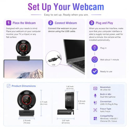 4K Webcam for PC Computer PDAF Autofocus with Built-in Microphone Windows - size: 3.71 inch