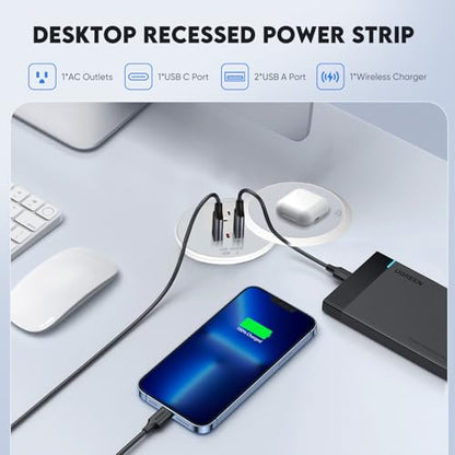 Desk Power Strip with 15W Wireless Charger, PD 20W USB-A, QC 3.0 USB-C Fast Charging Embedded Power Outlet, Recessed Power Outlet with AC outlets and 6FT Cord - color: white