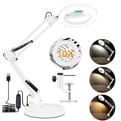 10X Magnifying Glass with Light and Stand, Magnifier with Light Hands Free, 3 Color Modes 10 Level Dimmable, Magnifying Real Glass LED Desk Lamp for Close Work, Repair, Reading, Craft, White - color: White
