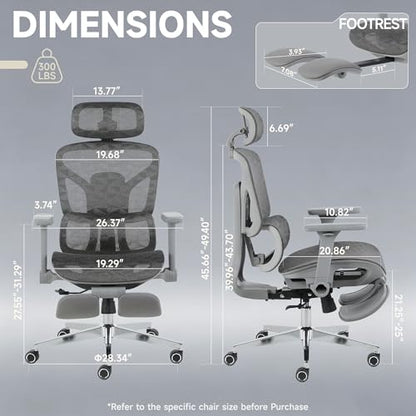 Korser Ergonomic Mesh Office Chair with Footrest, Big and Tall Desk Chair with 4D Flip-Up Arms, Auto-Tracking Lumbar Support, 3D Headrest, High Back Computer Gaming Chair for Home Office, Grey - color: Grey