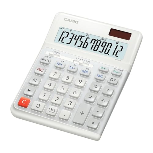 CASIO DE-12E-WE Ergonomischer Tischrechner, White, 12-stelliges Display | 12-stelliges Display, Stufentastatur, senkrechter Tastenhub, Steuerberechnung, Währungsumrechnung, Solar-/Batteriebetrieb.