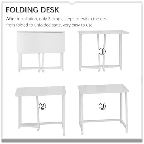 4NM 31.5" Mobile Small Folding Desk, Foldable Rolling Computer Home Office Desk, Study Writing Table for Small Space Saving Bedroom, with Wheels - All White - color: All White, size: 31.5"W x 15.7"D