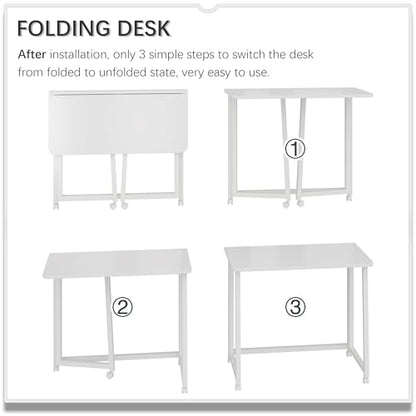 4NM 31.5" Mobile Small Folding Desk, Foldable Rolling Computer Home Office Desk, Study Writing Table for Small Space Saving Bedroom, with Wheels - All White - color: All White, size: 31.5"W x 15.7"D