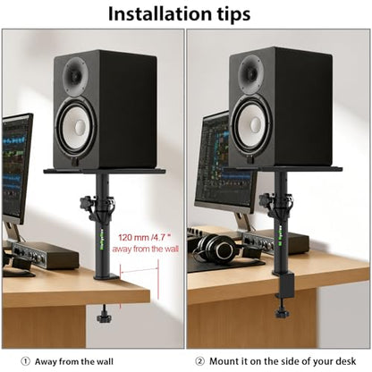 Pair of Desktop Speaker Stands 9"-14" Clamp Studio Monitor Stands | Height Adjustable, Clamp-on, Desk Mount Speaker Riser, Home Audio - size: Basic