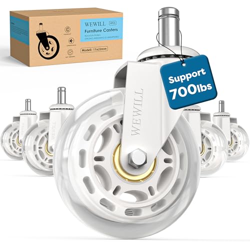 WEWILL Office Chair Wheels - Rubber Casters Replacement Universal Fit 98% Chair(Set of 5) Heavy Duty 3 Inch Smoothly & Quietly Safe for All Floor, Hardwood, Tile, Carpet, Noise Free - White - color: White