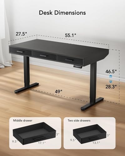 HUANUO Electric Standing Desk with Drawers, C-Clamp Mount Compatible, 55 x 28 Inch Height Adjustable Sit Stand Desk, Fabric Drawers, Home Office Stand Up Desk with 4 Custom Height Settings, Black - size: 55" X 28"