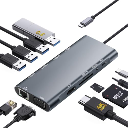 USB C Hub Multiport Adapter, 11 in 1 USB C Docking Station with 4K HDMI, 1080P VGA, 100W PD, USB 3.0, RJ45 Ethernet, TF/SD Card Reader, 3.5mm Audio, USBC Dongle for MacBook Pro/Air, Windows, Laptops - color: Grey 06-USB C Hub