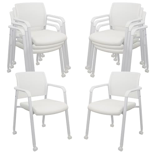 CLATINA Stacking Office Chairs with Wheels | Mesh Back, Thicken Leather Seat and Streamline Armrests, Ergonomic Lumber Support | School, Desk, Guest Reception, Waiting, Conference | Set of 8, White - color: Withwheels White Leather, size: 8 pack