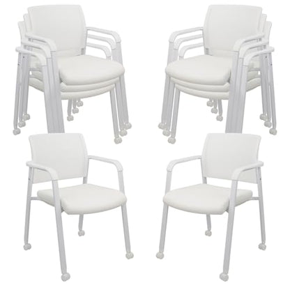 CLATINA Stacking Office Chairs with Wheels | Mesh Back, Thicken Leather Seat and Streamline Armrests, Ergonomic Lumber Support | School, Desk, Guest Reception, Waiting, Conference | Set of 8, White - color: Withwheels White Leather, size: 8 pack