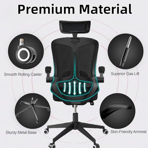 Ergonomic Office Chair - 350LB Comfy Desk Chairs with Adjustable Headrest and Lumbar Back Support, Mesh Computer Chairs with Wheels and Arms for Home Office, Study (Black-with Headrest) - color: Black
