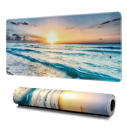 Sunrise Beach Mouse Pad Abstract Sea Mouse Pad 31.5x11.8 Inch Japanese Texture Non-Slip Rubber Base Large Mousepad Stitched Edges Keyboard Mouse Mat Desk Pad for Office and Home - color: Sunrise Beach