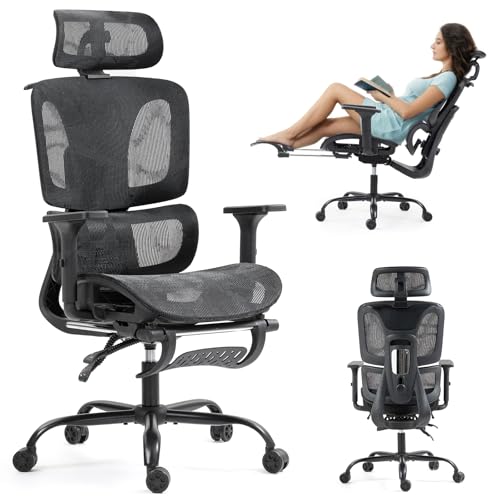 Black Ergonomic High Back Mesh Office Chair with Footrest | Adjustable Lumbar Support, Headrest, 360° Swivel, Reclining, Rolling Casters, Sturdy Base, for Home Office & Gaming - color: Black, style: Upgrade w/ footrest