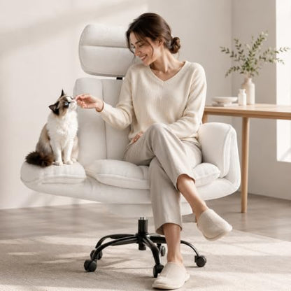 Big and Tall Office Chair, Flip Armrests for Pets & Cross Legged Sitting | Executive Ergonomic Computer Gaming Chair with Foot Rest, Teddy Fleece Wide Seat Reclining Desk Chair, White Vanity Chair - color: Ivory