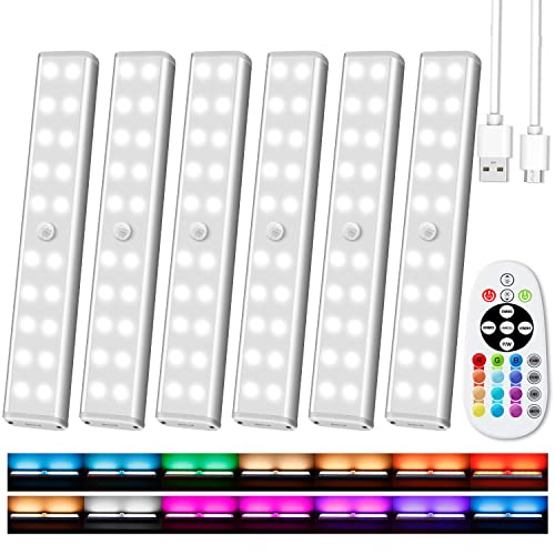 Under Cabinet Lighting Wireless with Remote, 48 LED Rechargeable Under Cabinet Lights, Kitchen Counter Lights Dimmable LED Closet Light RGB Bar for Shelf, Car, Hallway, 15 Color Changing, 6 Pack - style: 6 Pack
