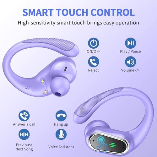 Wireless Earbuds, 2026 Bluetooth 5.4 Headphones Sport, 50Hrs HiFi Stereo Deep Bass Over-Ear buds with ENC Noise Cancelling Mic, IP7 Waterproof & LED Display Earphones with Earhooks for Workout/Running - color: comb blue purple