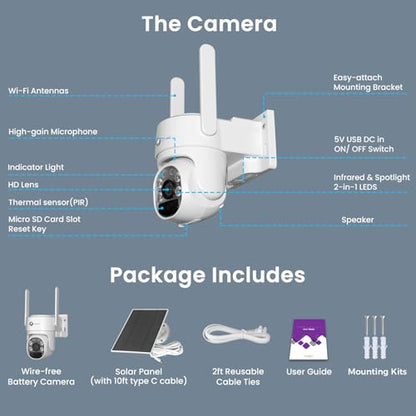 xmartO Wire-Free Solar Security Camera Outdoor Wireless, 4MP 2K QHD PTZ AI Tracking Security Camera, 5G Dual Band WiFi6, 8700mAh Battery, All-Weather Solar Charging, WiFi6 Long Range, No Monthly Fees - style: 1-CAM COMBO