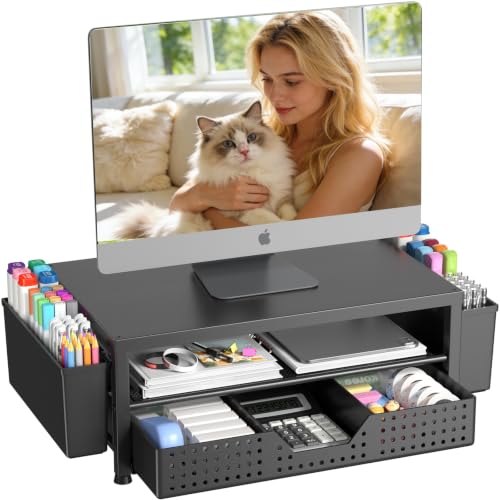 Desk Organizers and Accessories, Computer Monitor Stand Riser with Drawer and 2 Pen Holders, Printer & Laptop Stand, Office Desk Accessories & Workspace Organizers for Home Office Supplies, Black - color: Black – Hot Seller 1-Pack