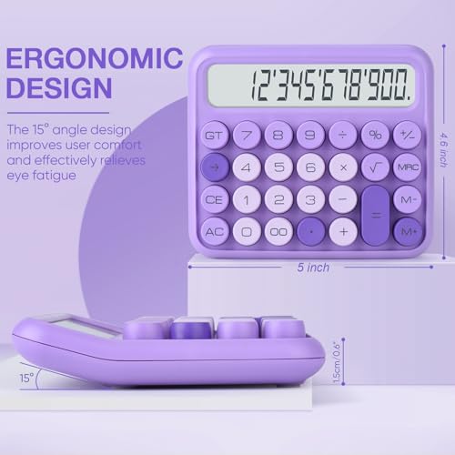 Mechanical Switch Calculator, 12 Digits, Large LCD Display, Pink, Big Buttons, Desktop, Cute, for Everyday Life and Basic Office Work - color: purple