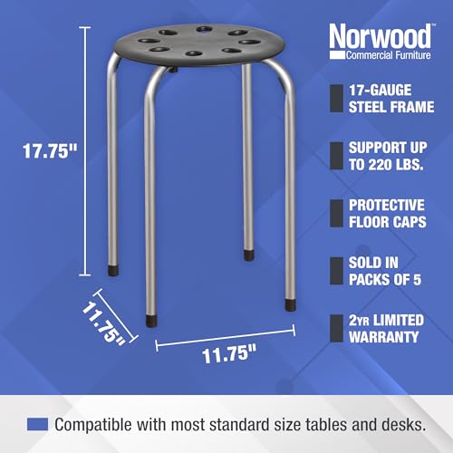 Norwood Commercial Furniture Stacking Stools for Kids and Adults, 17.75" Standard Height Portable Nesting Office and Classroom Stools, Black/Silver, Pack of 5 - color: Black/Silver