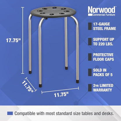 Norwood Commercial Furniture Stacking Stools for Kids and Adults, 17.75" Standard Height Portable Nesting Office and Classroom Stools, Black/Silver, Pack of 5 - color: Black/Silver