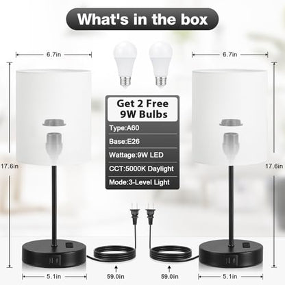 White Black Touch Lamps for Bedroom Set of 2, Dimmable, USB C+A, AC Outlet | Large 17.6" Tall Lamp, 3-Way Dimming, 5000K Daylight Bulbs, White Lampshade Black Base, for Living Room, Boys, Men, Girls - color: White - Black
