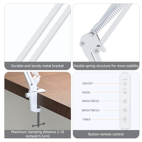 Upgrade Swing Arm LED Desk Lamp with Clamp, 80 LED Beads, 5 Color Modes & 11 Brightness Levels, 360° Adjustable Arm, Eye-Caring Light CRI95, Timer & Memory Function, for Office, Study, Crafting - color: Clip-White