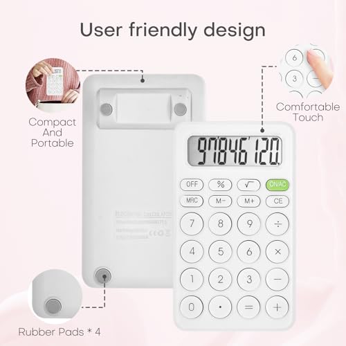 Cute Calculator, Basic Four Function for Teachers Students Basics Office, Small Handheld Calculators, 8 Digit with LCD Display, Sensitive Button, 5.5×3.2 inches White - color: White