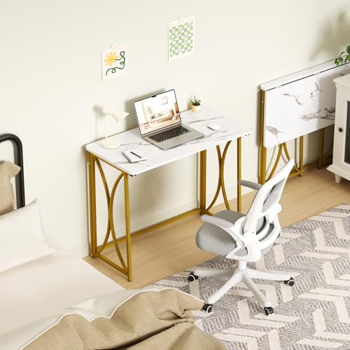Folding Desk, 31.5" Small Desk for Bedroom, Space Saving Foldable Computer Desk for Home Office, Easy Assembly, White and Gold - size: medium size22