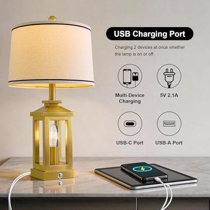 Modern Table Lamps Set of 2 for Living Room 23.75" Bedroom Nightstand Lamps | Touch Lamps with Three-level Dimming Nightlight, Bulbs Included, USB Charging Ports, Gold Modern Bedside Side Table Lamp - color: Metal Gold