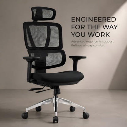 SUNLINE Elevate Office Chair - Ergonomic & Adjustable Lumbar Support System with Aluminum Base - 4D Curved Mesh Headrest & 3D Armrest Chair, Tilt Control - color: Black - Back Support
