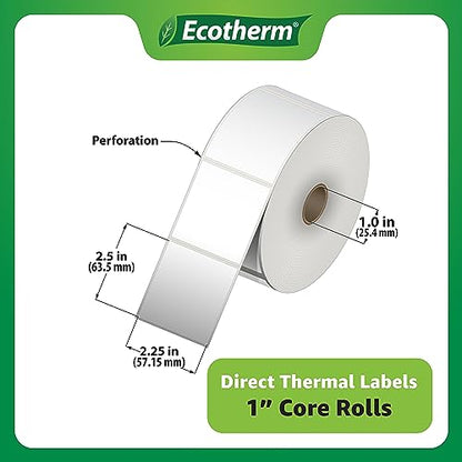 2.25" x 2.5" Thermal Labels | 6 Rolls | 6000 Labels | fits Zebra, Munbyn, Rollo, Godex, Arkscan, iDPRT, Offnova Thermal Label Printers and More | Blank White Adhesive Stickers by Ecotherm - size: 2.25 x 2.5 - 6000 Labels