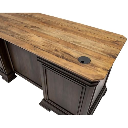 Bowery Hill Executive L-Desk & Return, 68 x 72 x 30 in, Solid Wood Plank Top, Brown Finish, Two-Tone Design, Antique Bronze Hardware, Dropfront Drawer, AC/USB Power Center, Fully Assembled Office Desk