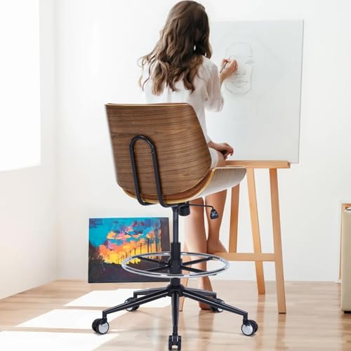Drafting Office Chair Ergonomic Executive Computer Standing Desk Chair with Adjustable Height and Footrest Ring, Drafting Chair for Counter Height Desk and Drawing (Brown) - color: Brown