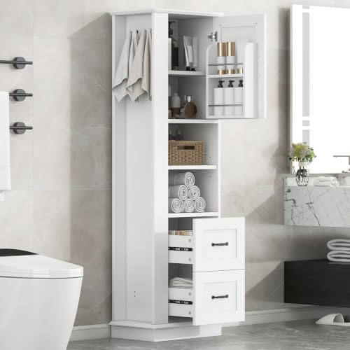 Tall Storage Cabinet, Bathroom Floor Freestanding Storage Cabinet with Upper Door Cabinet and Lower Two Drawers, Hook and Adjustable Shelf for Bathroom, Office, Living Room, White - color: White/2 Hooks