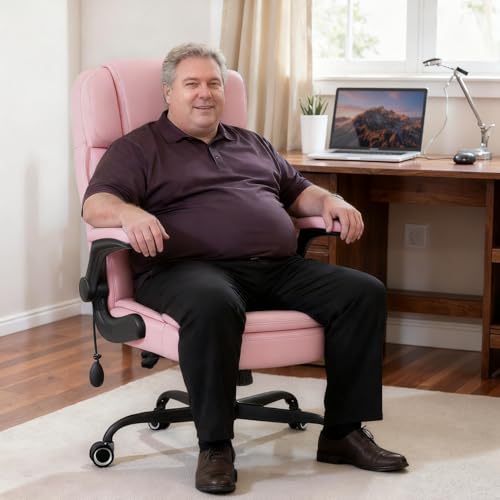 450 LBS Big and Tall Executive Office Chair with Flip up Arm, Heavy Duty Leather Computer Desk Chair,Comfortable High Back Swivel Home Office Chair with Rolling for Adults (Pink) - color: Pink