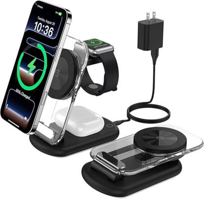 Mukiya 3 in 1 Magnetic Wireless Charging Station for Apple Devices | Fast Foldable Travel Charger Stand with Night Light for Mag-enabled iPhone 17 16 15 14 13 12 Series, Apple Watch/AirPods Pro - color: Upgraded Black