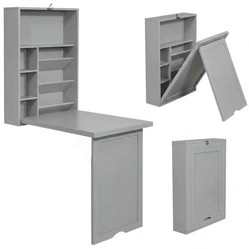 Tangkula Folding Wall Mounted Desk, Convertible Fold Out Floating Table with Storage Shelves, Space-Saving Drop Leaf Table, Murphy Desk for Craft, Study, Small Spaces, Home Office, Dorm, Grey - color: Grey