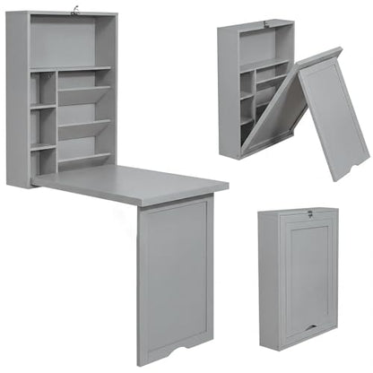 Tangkula Folding Wall Mounted Desk, Convertible Fold Out Floating Table with Storage Shelves, Space-Saving Drop Leaf Table, Murphy Desk for Craft, Study, Small Spaces, Home Office, Dorm, Grey - color: Grey