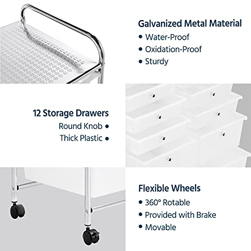Yaheetech 12-Drawer Rolling Storage Cart on Wheels, Craft Organizer, White - color: White, style: 12 Drawers