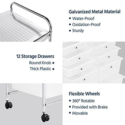 Yaheetech 12-Drawer Rolling Storage Cart on Wheels, Craft Organizer, White - color: White, style: 12 Drawers