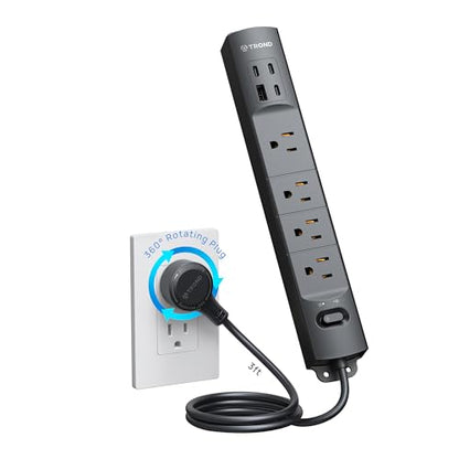 TROND Wall Mount Surge Protector Power Strip with 360 Rotating Plug, 3 ft - color: Black, size: 3FT Rotating Plug