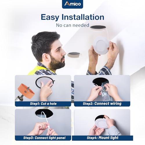Amico 12 Pack 3 Inch LED Recessed Lighting, Canless Wafer Downlight, White | 5CCT 2700K-5000K, 5%-100% Dimmable, Ultra-thin, Metal housing, 500LM 7W 120V, IC & Damp Rated, ETL & FCC, 50000h Life Span - color: White, size: 3 Inch