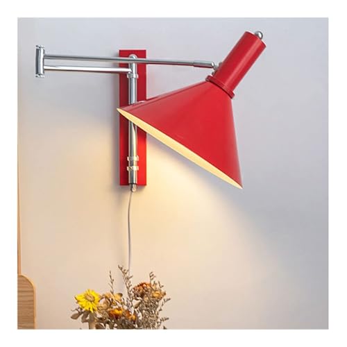 Red Industrial Plug in Wall Sconce - Swing Arm Wall Lamp with On/Off Switch, Adjustable Angle, E27 Socket, Metal Wall Light for Bedside Reading, Desk, Office, Hallway Lighting