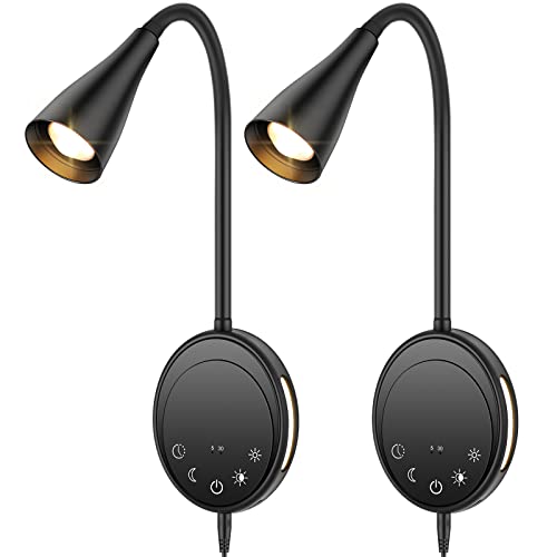 SANKEDOU LED Wall Mount Reading Light, Bedside Reading Lights with Touch Control, 5 Dimmable, USB Output, Night Light & Timers, Flexible Gooseneck Headboard Bed Lights Wall Sconce - color: Black-2P