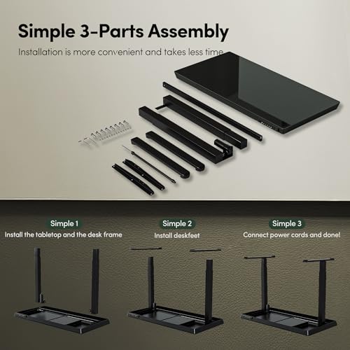 FEZIBO 55 × 24 Electric Standing Desk with Drawers, Whole-Piece Glass Adjustable Height Desk, One-Piece Quick Install Adjustable Sit Stand Desk, Black - color: Black, size: 55 inch