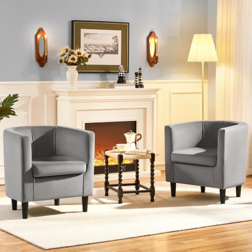 Yaheetech Barrel Accent Chairs Set of 2, Modern Armchairs, Gray | Soft Velvet Chair with High-Density Foam Seat, Upholstered Barrel Sofa Chair for Living Room Bedroom Waiting Room - color: Grey, size: Set of 2