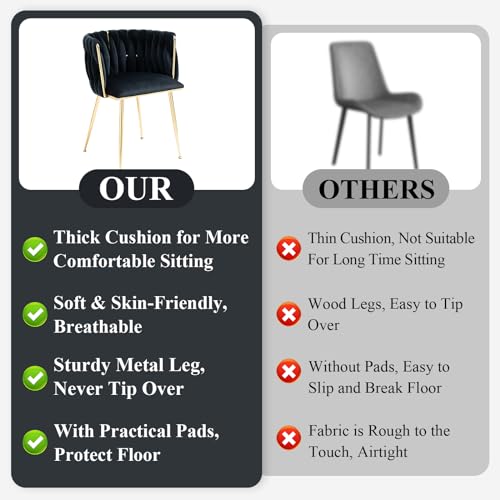 NIOIIKIT Modern Velvet Dining Chairs Hand Weaving Accent Chairs Living Room Chairs Upholstered Side Chair with Golden Metal Legs for Dining Room Kitchen Vanity Living Room (Black) - color: Black